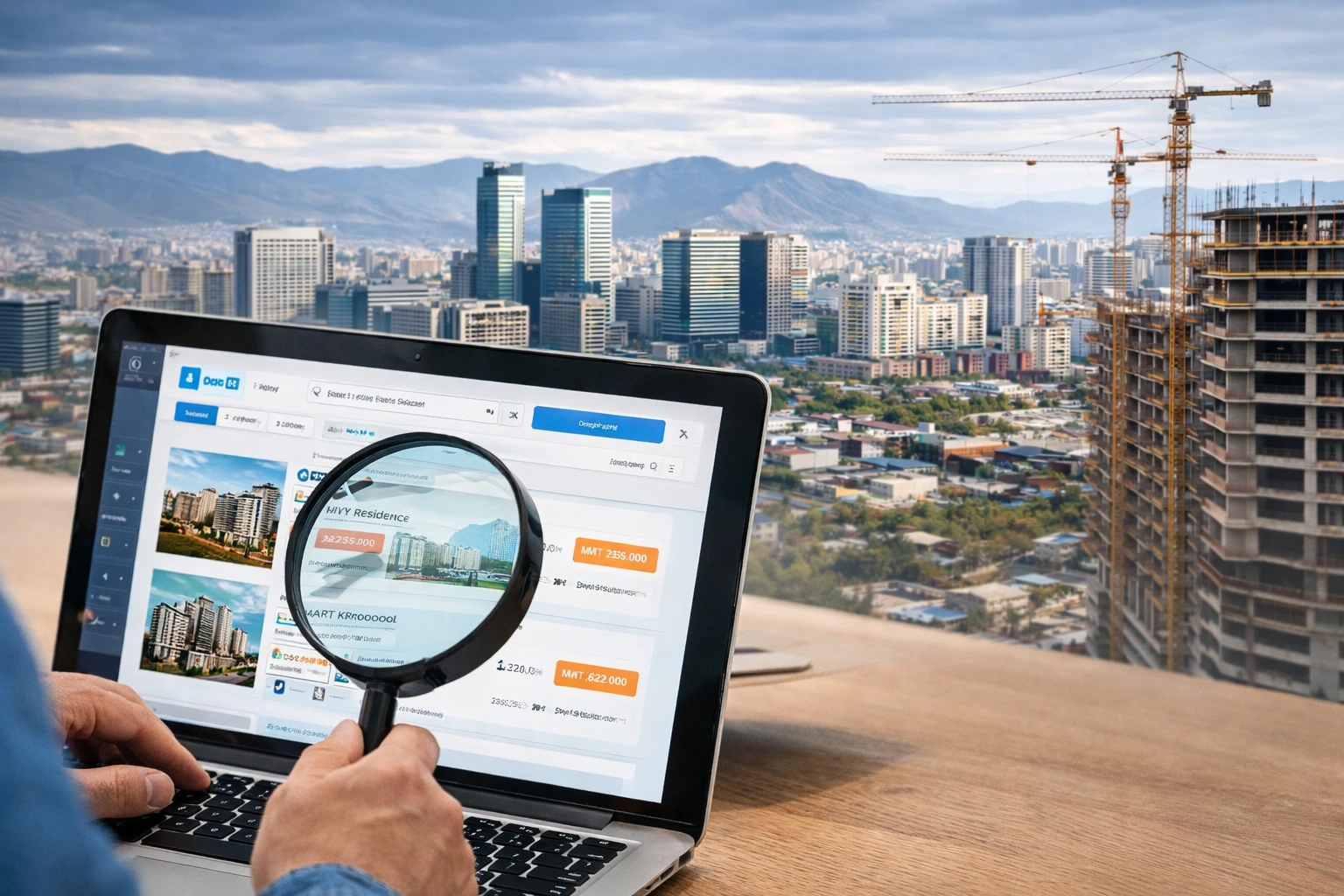 Oronsuuts real estate platform showing property listings and Mongolia skyline